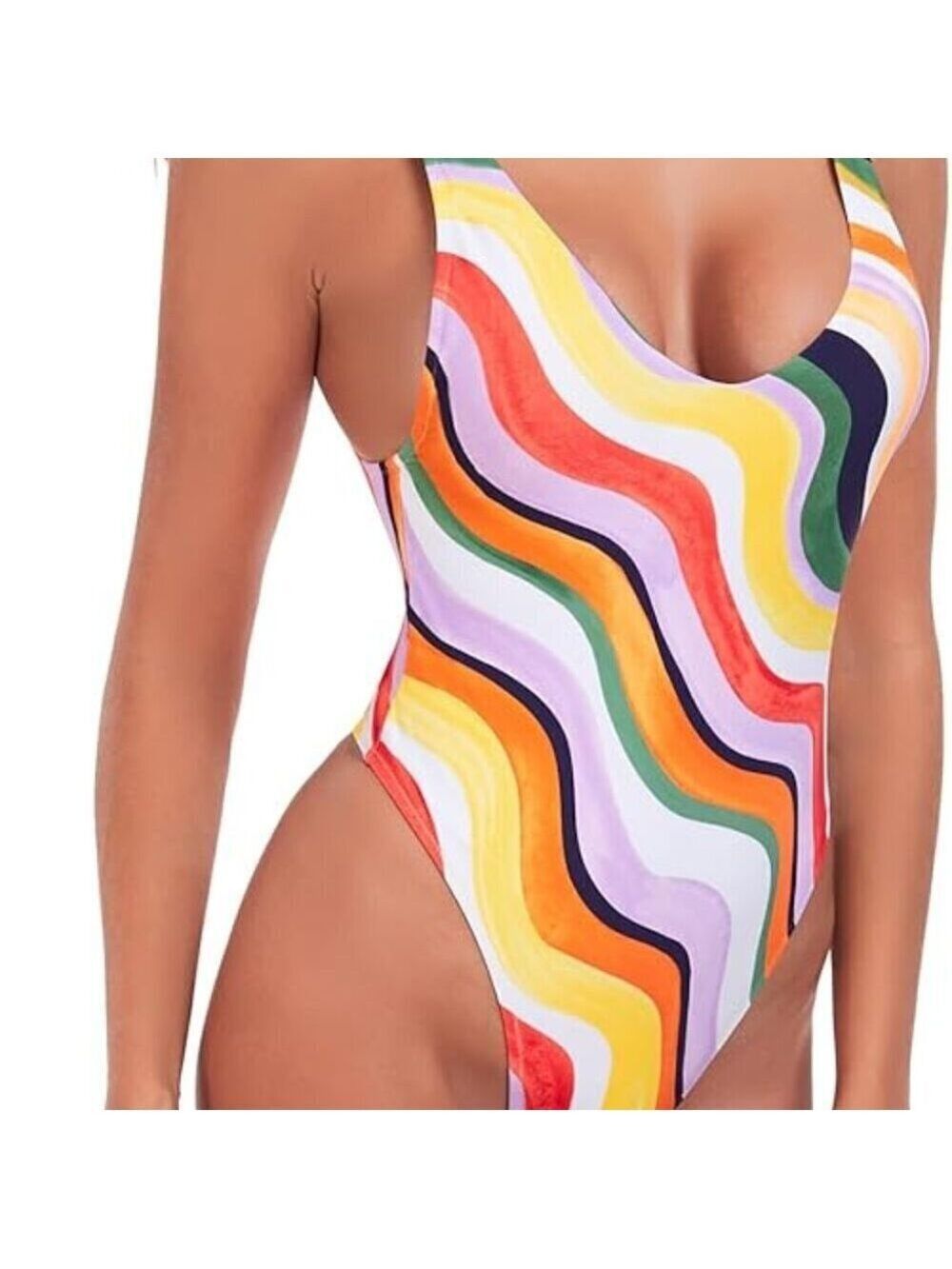 ✨ RELLECIGA Colorful Wave Thong One Piece Swimsuit Plunge Bodysuit NWOT